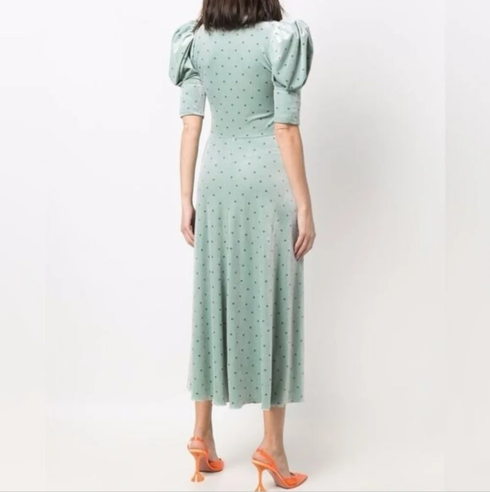 Rotate Birger Christensen Sierina Puff Sleeve Midi Dress Green Velvet Size 8 NWT
